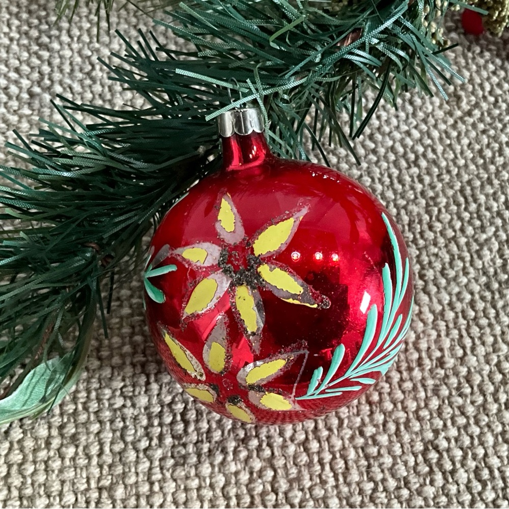 Vintage Red Hand Painted Glass Christmas Ornament Black Mica MCM